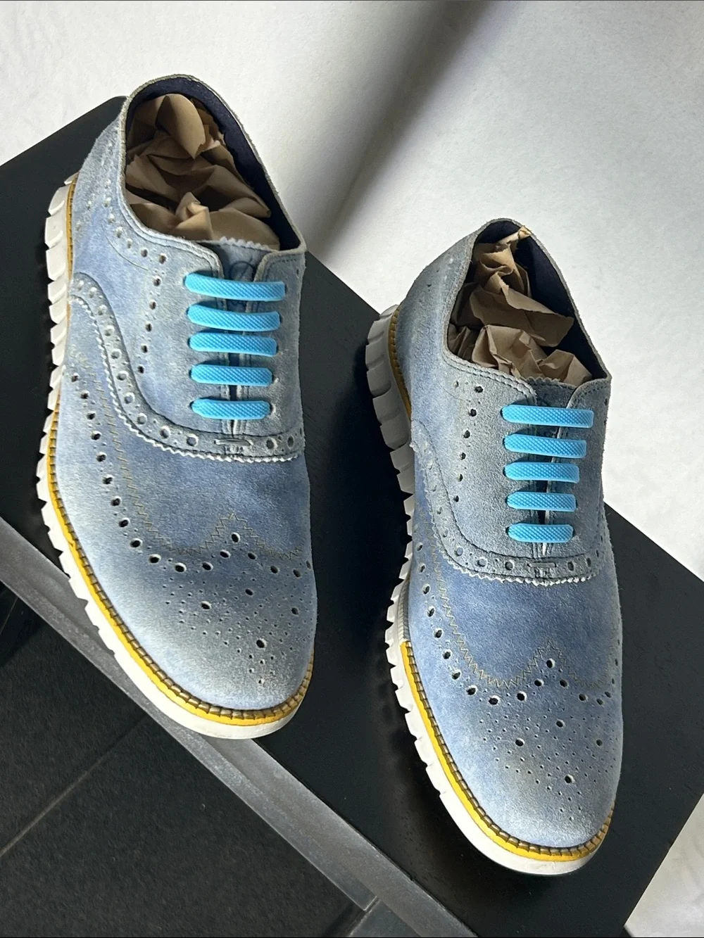 Cole Haan Light Blue Suede Wingtip Oxfords with Bright Blue Laces